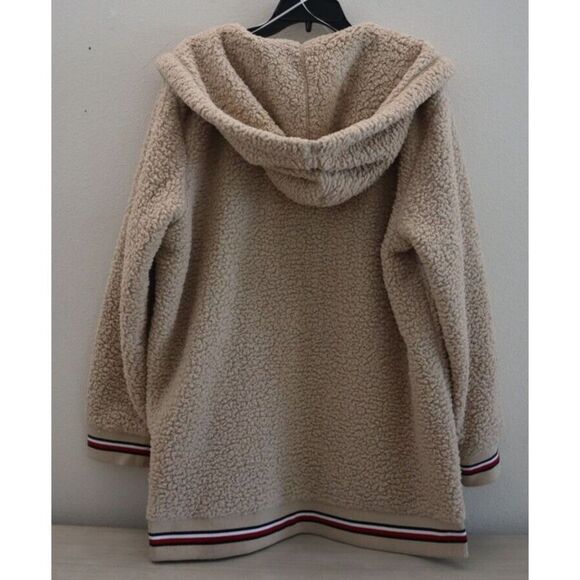 Tommy Hilfiger J2XE0410 Women Sz XL Beige Open-Front Hooded Sherpa/Fleece Jacket - Picture 2 of 9
